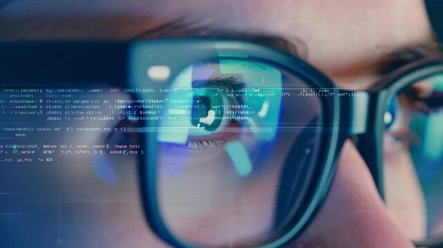 A woman is looking at a computer screen with a blue tint. Concept of focus and concentration as the woman stares intently at the screen. The blue tint adds a cool, calming effect to the scene