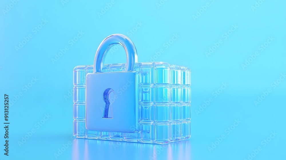 Poster transparent padlock under blue light symbolizing secure and encrypted data. ideal for security, tech