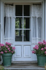 open front door with lace curtains and pink, white flowers in the window boxes