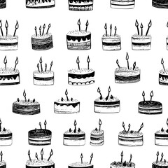 Birthday cakes and candles in a symmetrical layout, seamless pattern vector