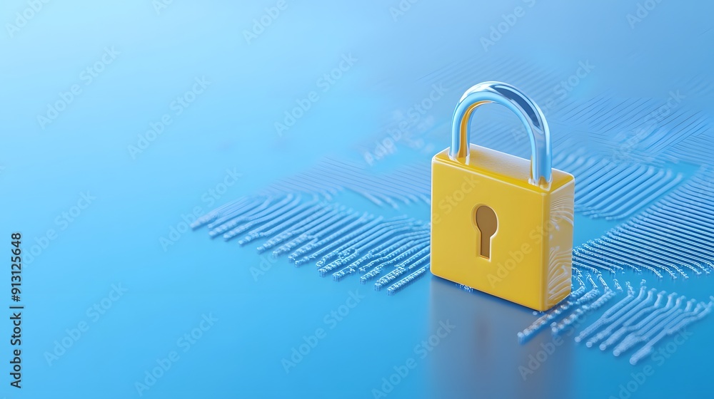 Poster yellow lock showcasing digital security concept with fingerprint background on blue, emphasizing dat