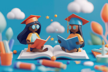Two illustrated girls are engaged in reading activities while sitting on an oversized book. Cute clay characters in the style of low poly models with simple shapes in an isometric view. Back to school