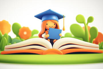 Cute girl wearing glasses and an open book in the style of graduation caps, surrounded by school supplies. Back to school concept.