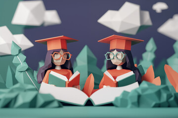 Two girls wearing graduation caps reading books, surrounded by school supplies in the style of cute 3D illustration. Back to school concept.