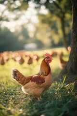 Fototapeta premium Chickens are eating in the middle of nature, chicken farm.