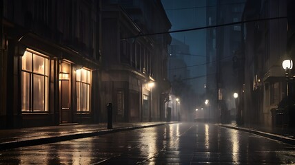 Fototapeta premium A dark and moody street, illuminated by the glow of streetlights and the pouring rain, creating a sense of mystery and intrigue.