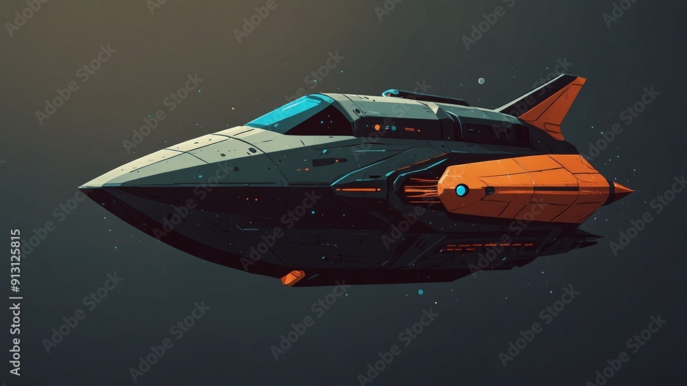 Poster Futuristic Spaceship with Sleek Design Flying in Deep Space with Stars in Background