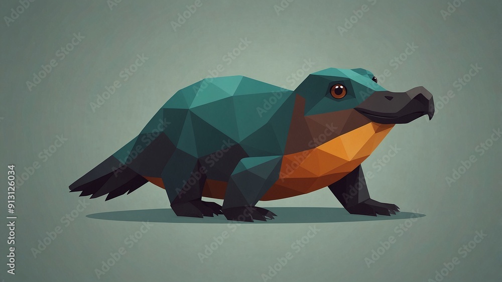 Poster low-poly platypus with geometric design on minimalistic grey background