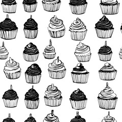 Cupcakes and birthday cards in a uniform pattern, seamless pattern vector