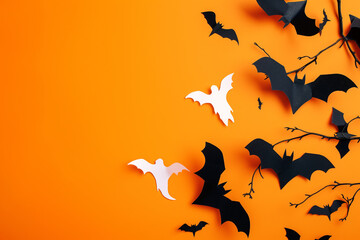 Halloween Decoration With Paper Bats On Orange Background