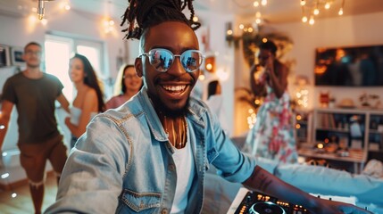 Obraz premium Male DJ spinning vinyl records in a chic white living environment.