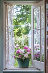 open front door with lace curtains and pink, white flowers in the window boxes