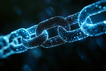 An abstract digital background banner featuring a chain with connecting data points in blue and black colors. 