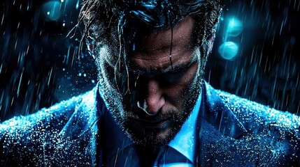 Dramatic portrait of a man in a suit, rain falling, conveying emotion and resilience in a stylish, moody atmosphere.