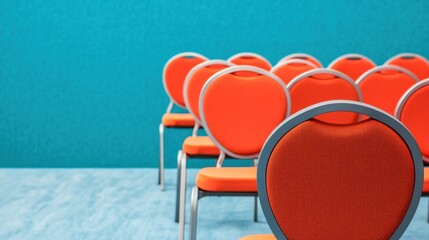 Colorful orange chairs arranged in a row against a vibrant blue wall, ideal for event or conference settings.