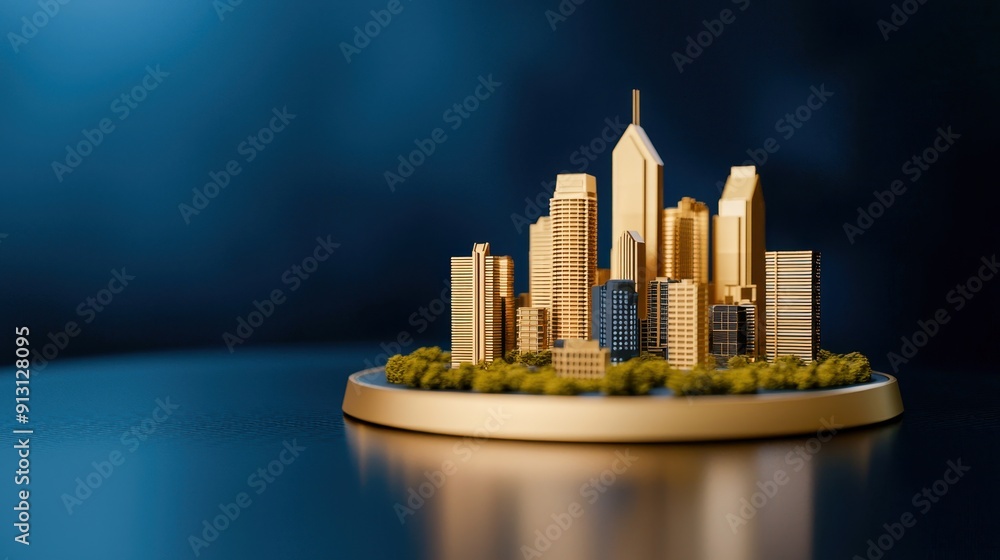 Poster golden cityscape model displaying modern architecture and greenery on a reflective surface with a da