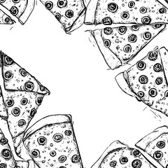 Slices of pizza forming a circular arrangement on the surface, seamless pattern vector