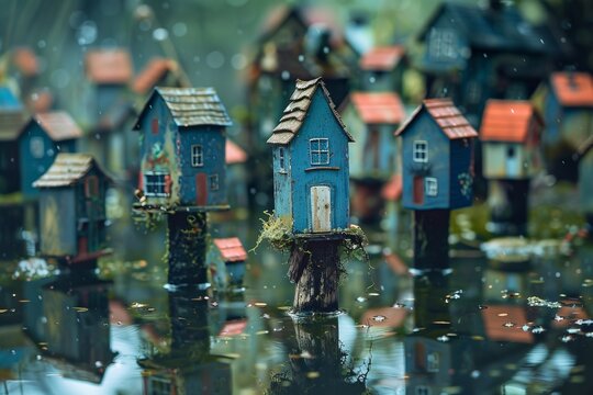 blue houses on pillars on a lake
