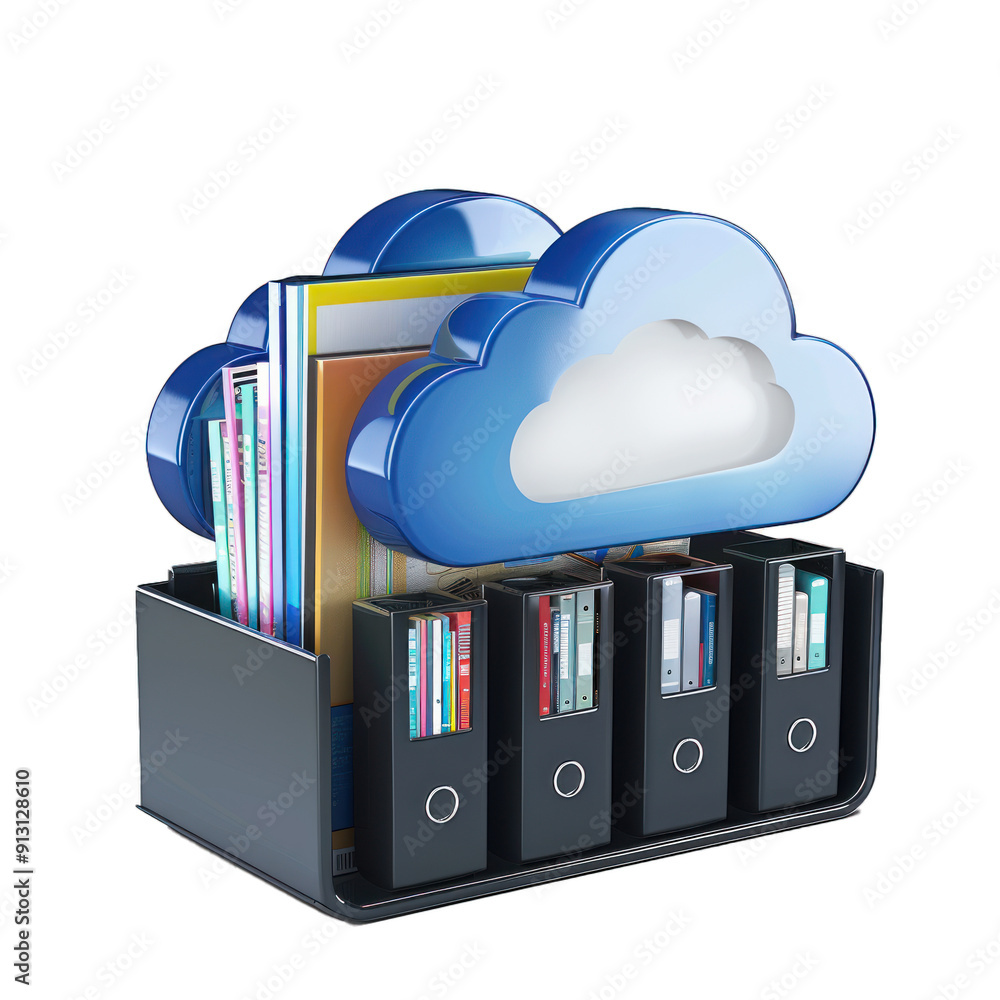 Poster concept of online library with cloud computing storing books and folders in database