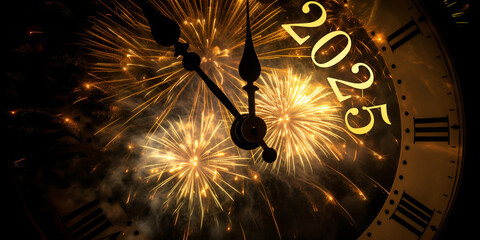 Happy New Year 2025 clock face shows New Year's Eve with fireworks in the background