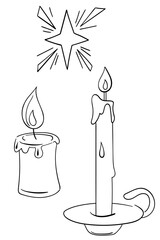 Burning candles and star. Cozy night concept. Hand drawn doodles. Line vector illustration.