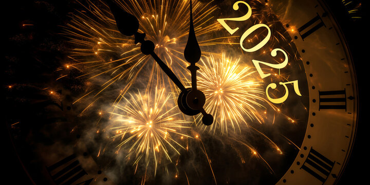 Happy New Year 2025 clock face shows New Year's Eve with fireworks in the background