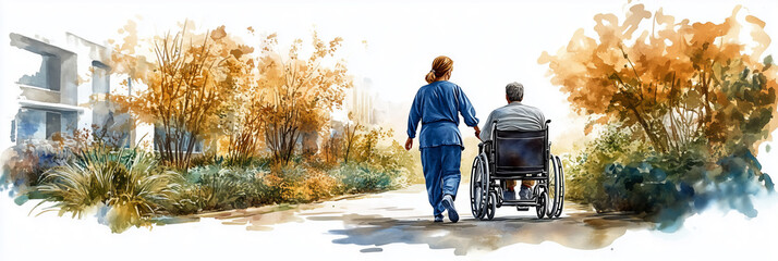 Watercolor painting of a nurse caring for a patient in a wheelchair in the hospital garden.