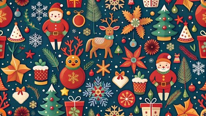 Naklejka premium Whimsical Christmas Pattern with Santa, Reindeer, and Gifts in Red and Green