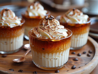 Coffee jelly unique Japanese dessert served with cream and espresso served on wooden plate close up.