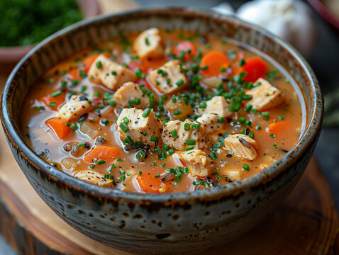 Chicken and wild rice soup close up. Warm and cozy autumn meal prep.