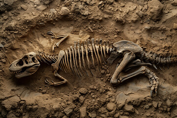 Naklejka premium Dinosaur fossil skeleton buried in the ground.
