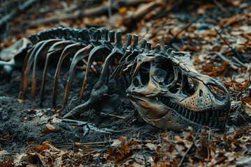 Dinosaur fossil skeleton buried in the ground.