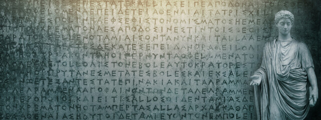 Ancient statues on the antique text. Ancient Greek and Roman, empire of Alexander, Roman Empire...
