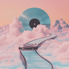 Surreal Landscape With Giant Vinyl Record and Clouds