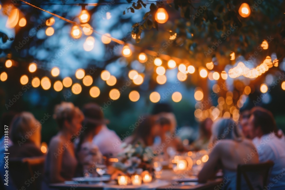Poster blurred background of an outdoor wedding with string lights and guests enjoying the evening, creatin