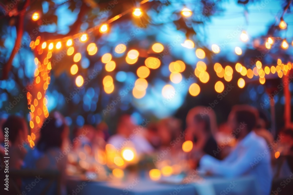 Aufkleber blurred background of an outdoor wedding with string lights and guests enjoying the evening, creatin
