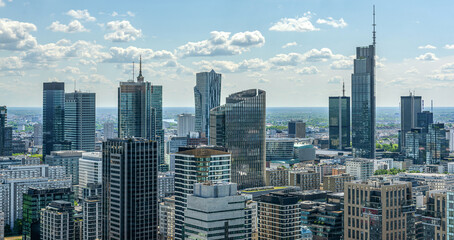 Panoramic. view of modern skyscrapers and business centers in Warsaw. View of the city center from above. Warsaw, Poland.