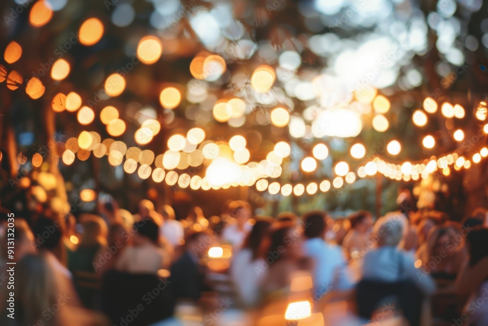 Poster blurred background of an outdoor wedding with string lights and guests enjoying the party, with a bo