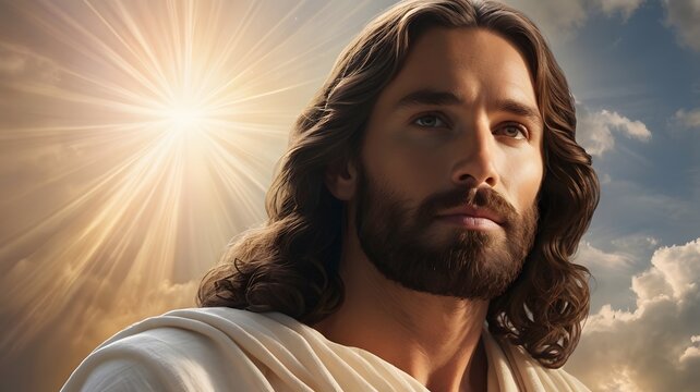 An inspirational depiction of Jesus Christ in a heavenly setting. Jesus is shown with a serene and compassionate expression, surrounded by a celestial background with soft, ethereal light and clouds