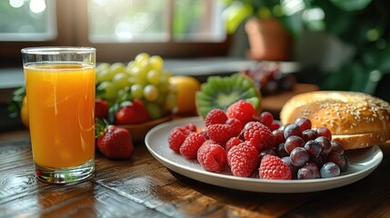 A vibrant and cheerful breakfast scene with a bowl of fresh fruit, a glass of orange juice, and a sandwich on a plate, all set on a kitchen counter with natural light streaming in