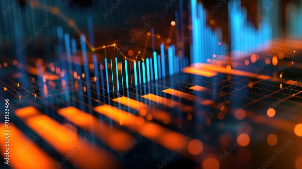Poster abstract digital data visualization with glowing bars and lines