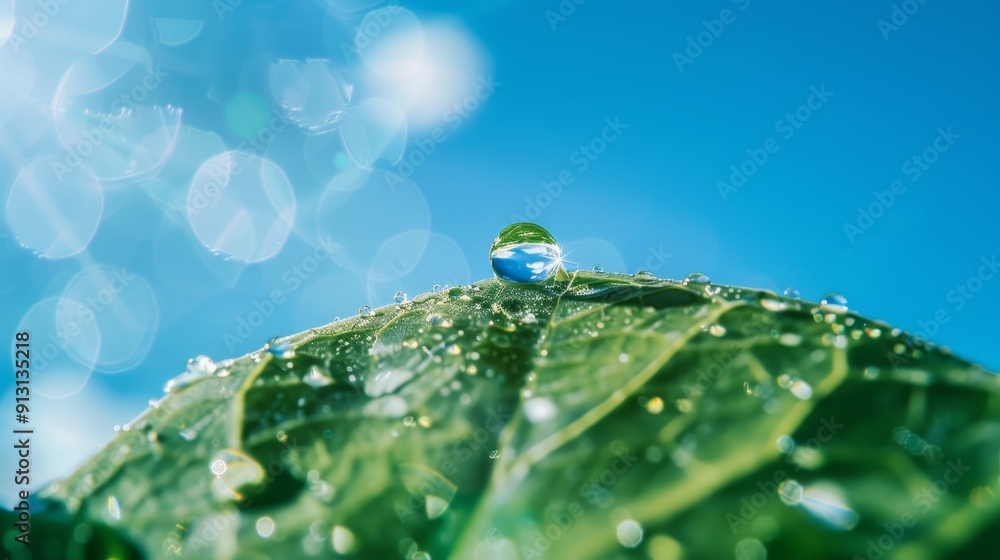 Wall mural A single dewdop sits on a green leaf, reflecting the blue sky. The image conveys a sense of freshness, purity, and the beauty of nature.