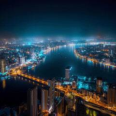 Fototapeta premium Night aerial view of the Nile River, capturing its serene flow and the twinkling lights along its banks.
