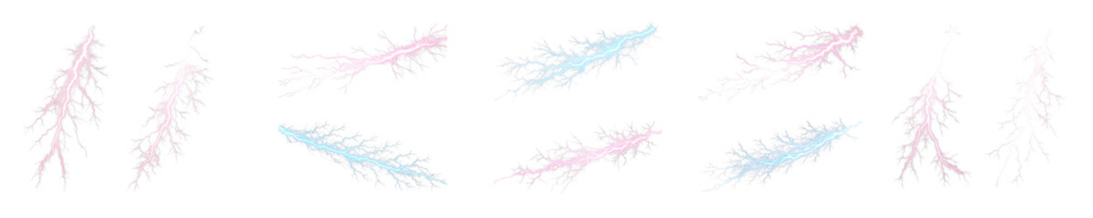 Pink and blue lightning bolts set, isolated transparent background