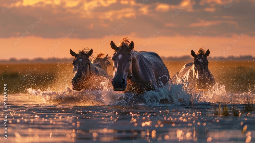 Wall mural a group of horses gallops through a body of water as the sun sets, casting an orange glow on the sur