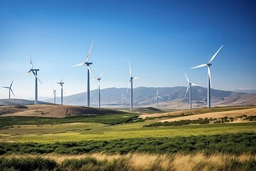 Obraz premium Wind power plant generating clean energy in a green field with a blue sky