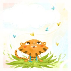 cute baby tiger in grass with butterflies illustration