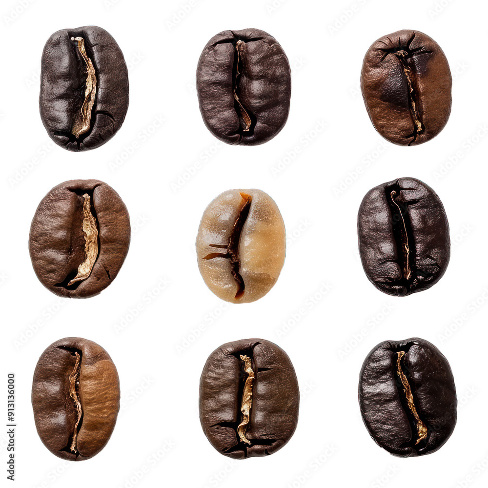 Poster nine coffee beans isolated on white background showing different roasting degrees from light to dark