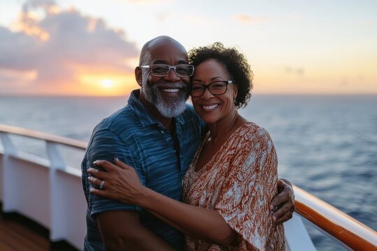 An elderly couple embraces warmly on a cruise ship deck, travel concept.