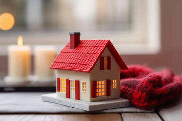Cozy red roof house model with warm lighting and candles at home interior